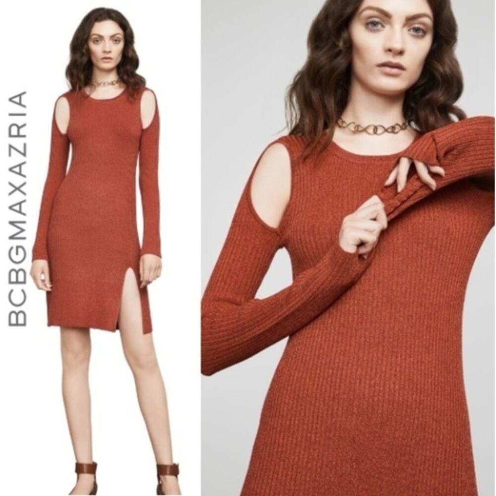 BCBGMAXAZRIA‎ Rust Ribbed Knit Long Sleeve Dress Cutout Shoulder Slit